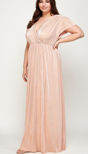 Curvy Blush Gold Maxi Life of the Party Metallic Pleated Dress