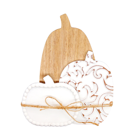 White Wood Triple Pumpkin Block - 7.9 x 1.4 x 9.65 in