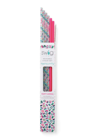 Party Animal and Hot Pink Reusable Straw Set - Tall