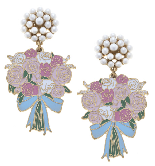 Laney Enamel Bridal Bouquet & Pearl Cluster Earrings in Pink & Blue