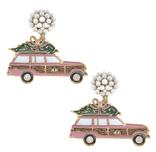 Noelle Enamel Christmas Station Wagon Earrings in Pink & Green