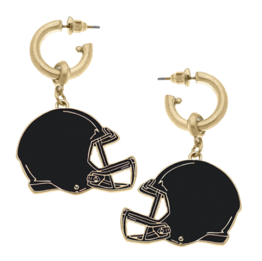 Game Day Football Helmet Enamel Earrings in Black, 1.88" Length