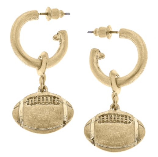 Game Day Football Drop Hoop Earrings in Worn Gold, 1.5"L x 0.75"W