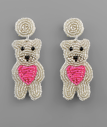 Teddy Bear Seed Bead Heart Earrings
