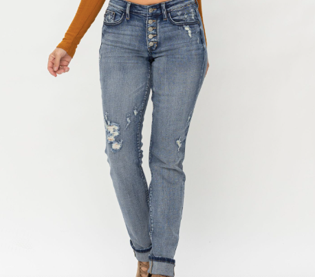 Mid Rise Button Fly Contrast Wash Cuffed Judy Blue Denim Jeans