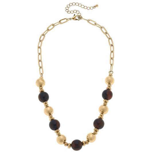 Alina Resin & Worn Gold Ball Bead Chain Link Necklace in Tortoise
