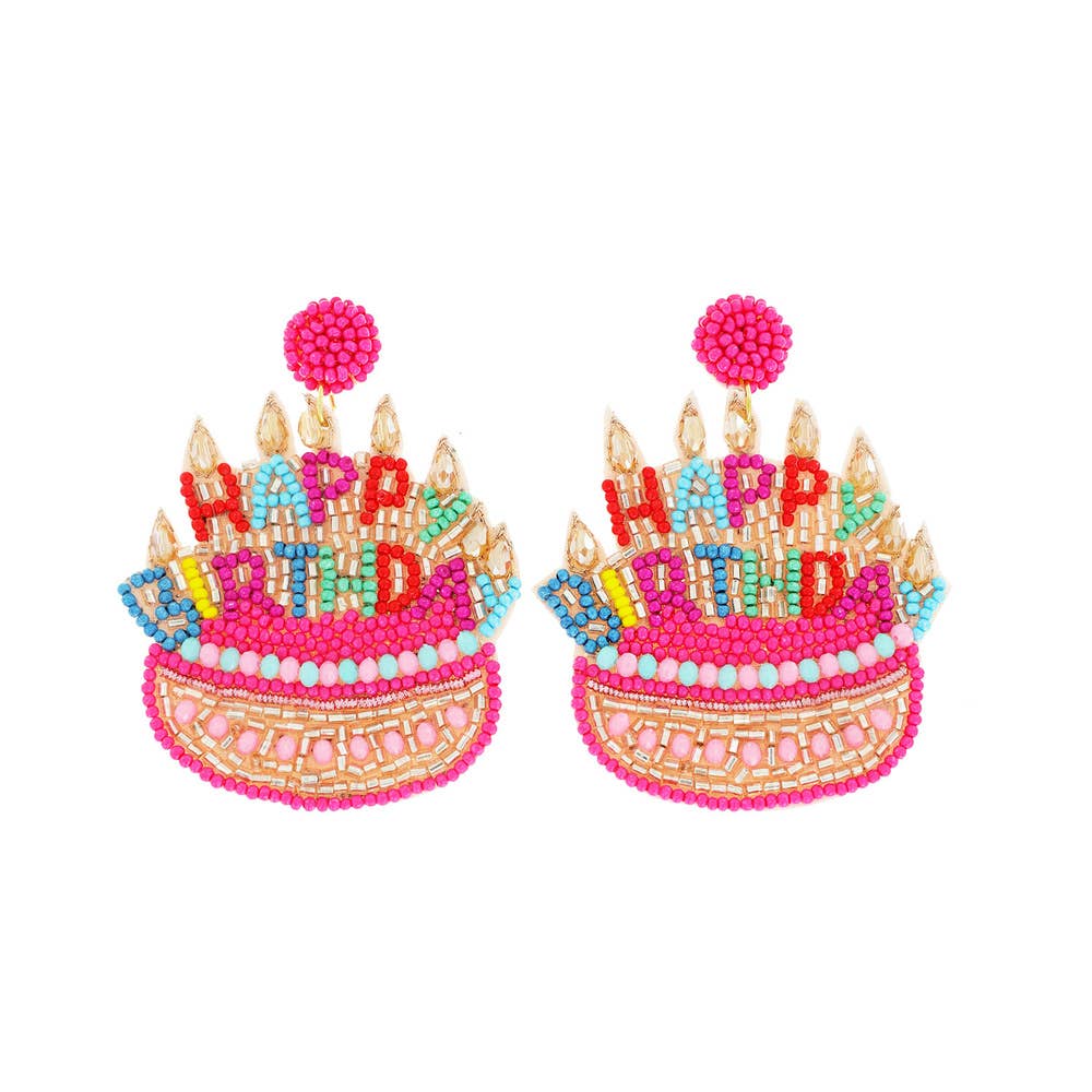 Beaded & Jeweled "Happy Birthday" Cake Dangle Earrings