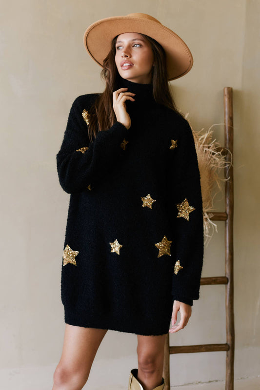 Sequin Star Turtleneck Sweater Dress
