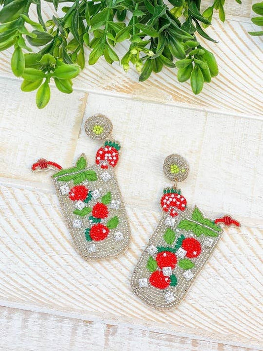 Strawberry Summer Drink Beaded Dangle Earrings