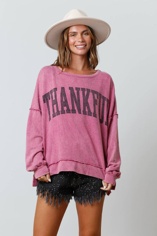 Thankful Print Washed Cozy Top