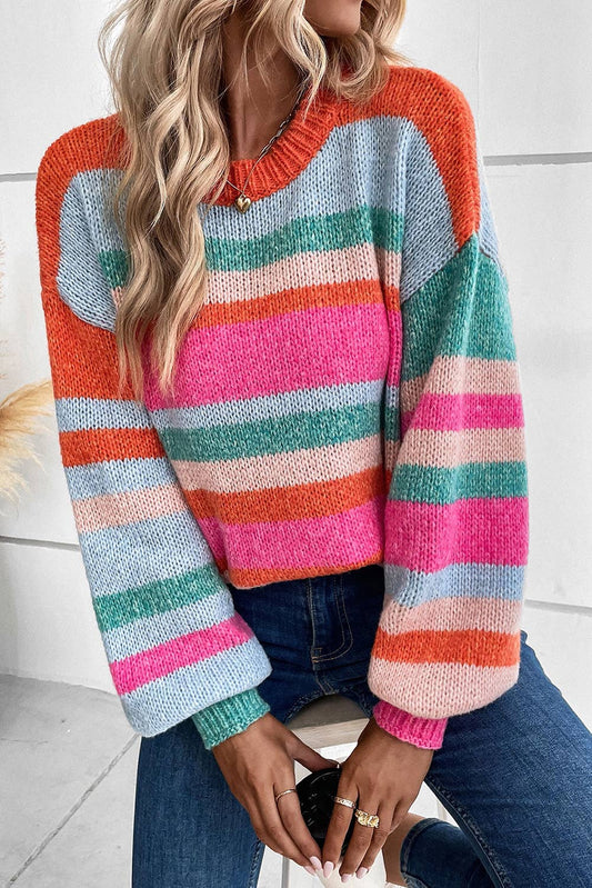 The Best Time Striped Knit Drop Shoulder Puff Sleeve Sweater