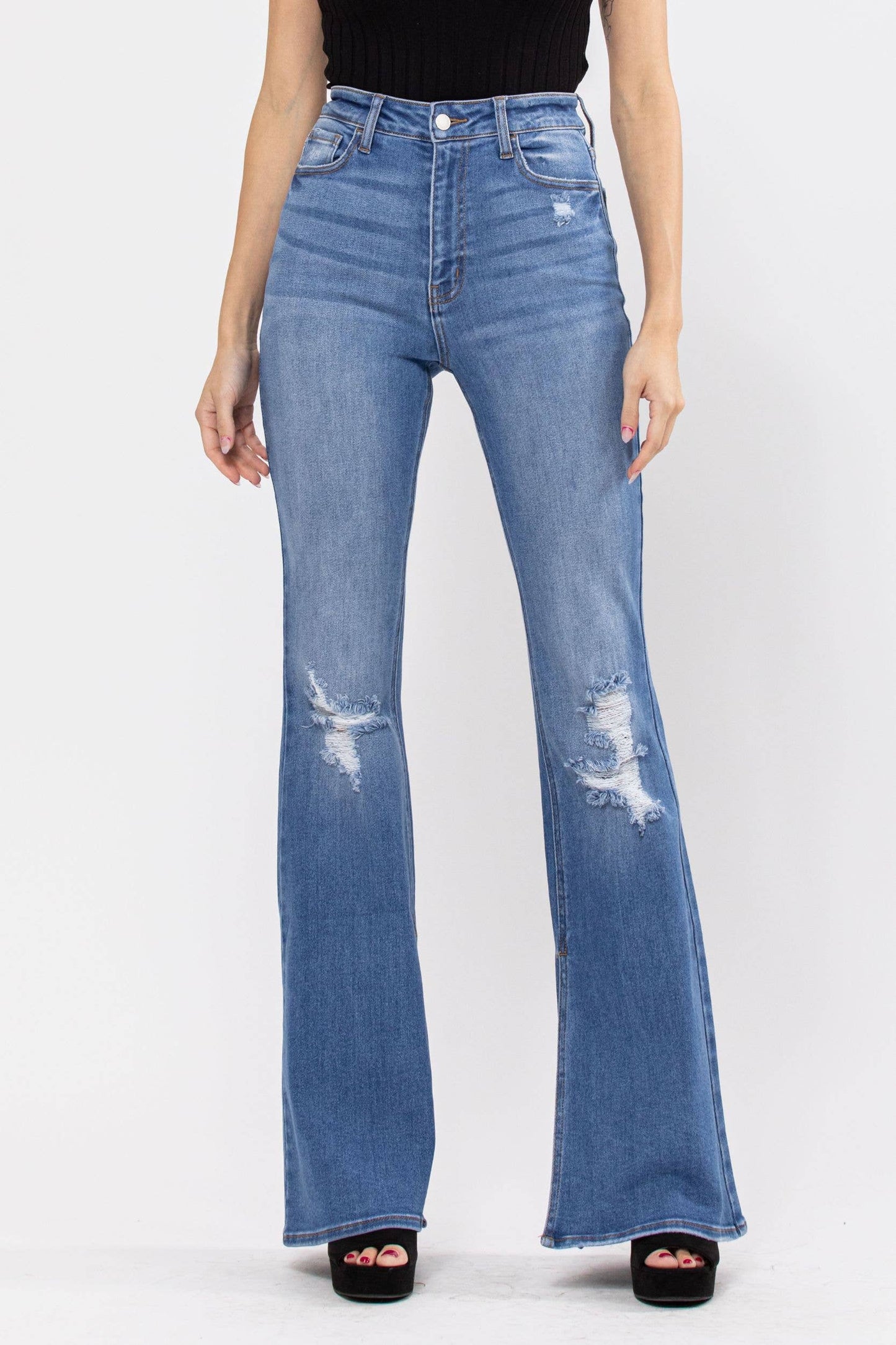 Medium Wash High Rise Inseam Slit Flare Denim Jeans