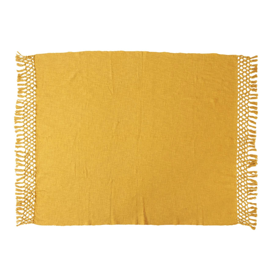 Mustard Woven Cotton Throw with Crochet and Fringe