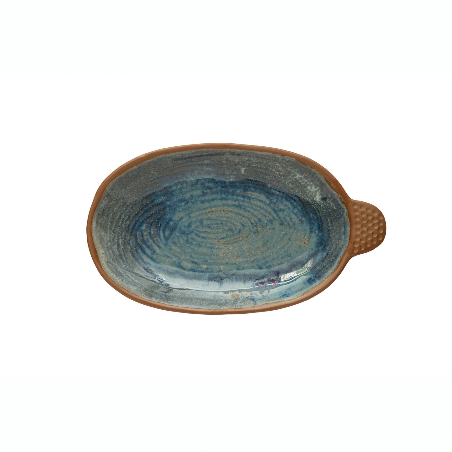 Stoneware Plate with Handle and Brown Rim, Reactive Glaze
