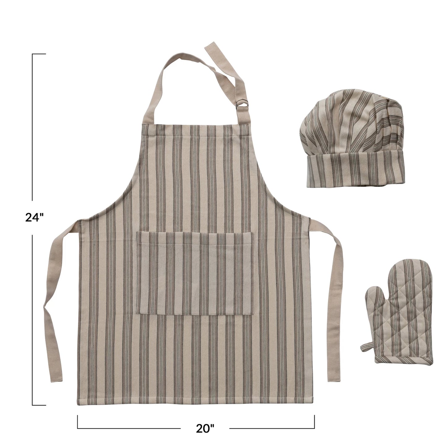 Cotton Child Apron w/ Chef Hat, Oven Mitt & Stripes, Set of 3
