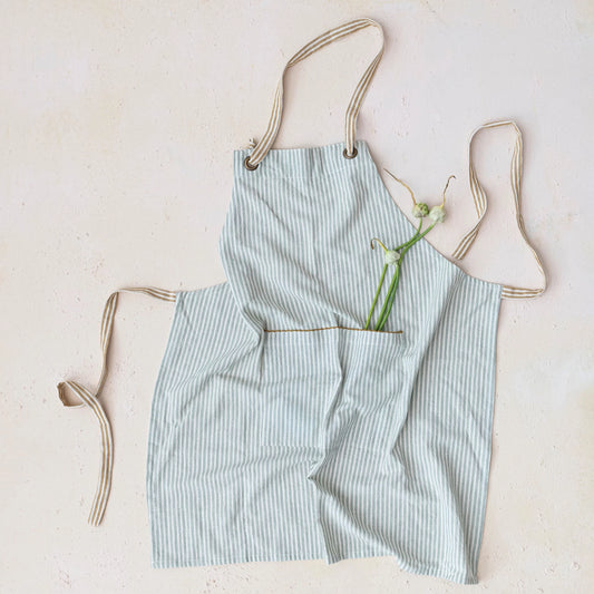 Woven Cotton Apron w/ Stripes & Pocket, Blue, Cream & Mustard Color