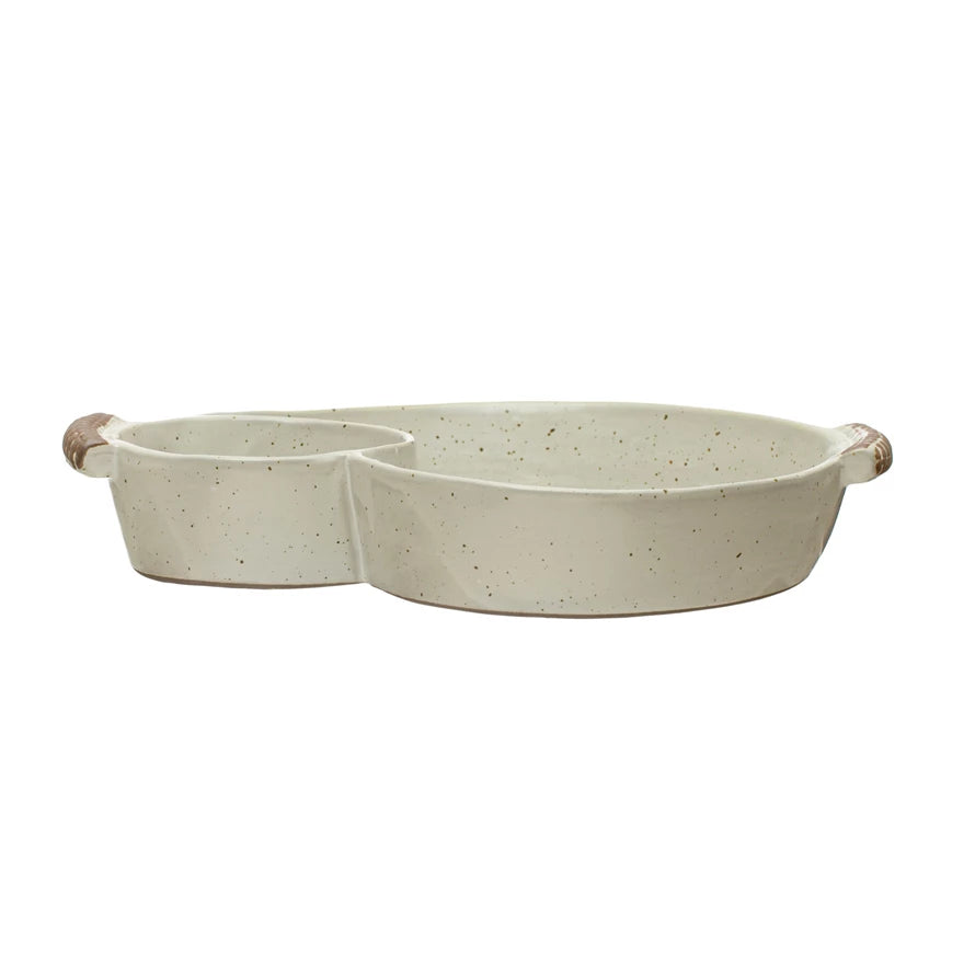 Stoneware Dish w/ 2 Sections & Handles, Reactive Glaze, Cream Color (Each One Will Vary)
