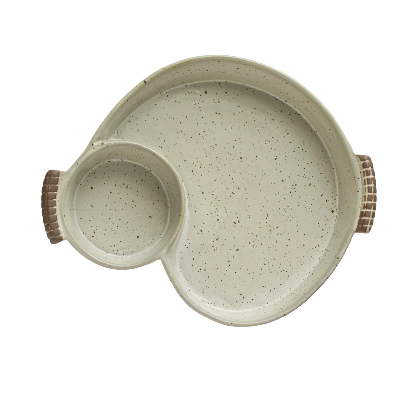 Stoneware Dish w/ 2 Sections & Handles, Reactive Glaze, Cream Color (Each One Will Vary)