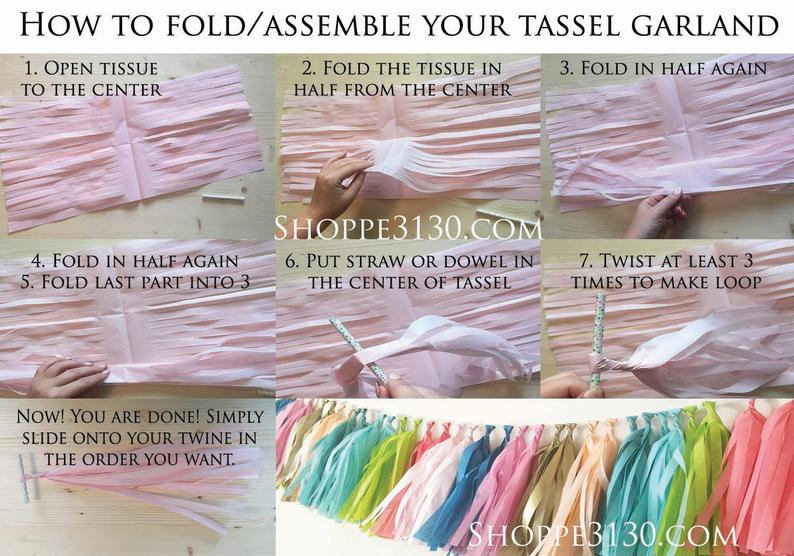 Tissue Paper Tassel Garland Kit (20 Tassels)- Gold, White, Light Rose -  Quick Candles